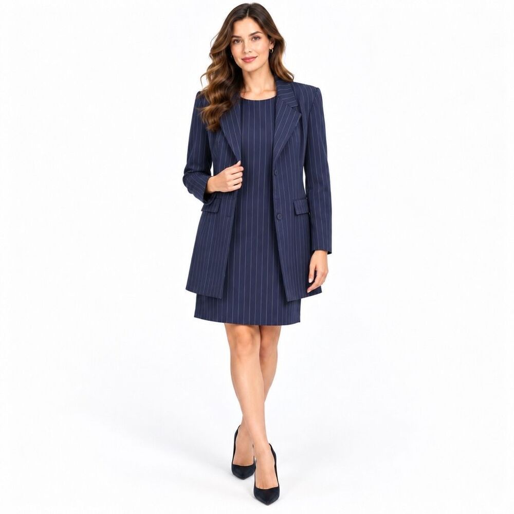 Vintage Alyn Paige Navy Pinstripe Power Suit Blazer Dress Set 9/10 Made in USA
